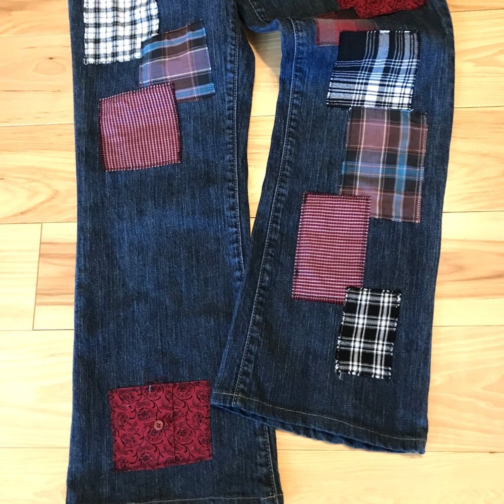 Plaid Flannel Patchwork Jeans, Upcycled Funky Pants Boho Hippie Grunge Size 8 - Picture 11 of 13